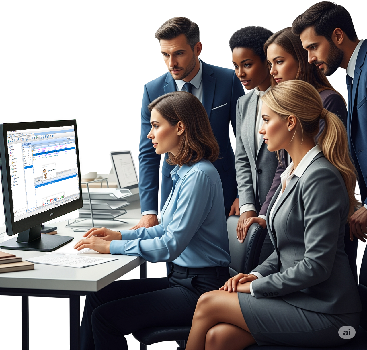 Office workers viewing a computer screen displaying the PhonePad user interface.